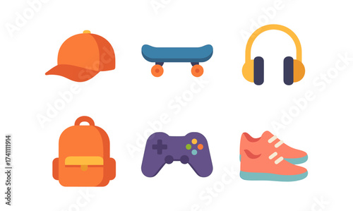 Youth lifestyle essentials in flat design: cap, skateboard, headphones, backpack, controller, sneakers