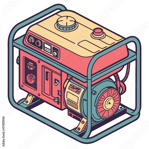 Red and yellow portable diesel generator with teal frame