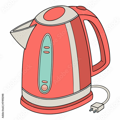 Red electric kettle with light blue accents and L E D indicator light