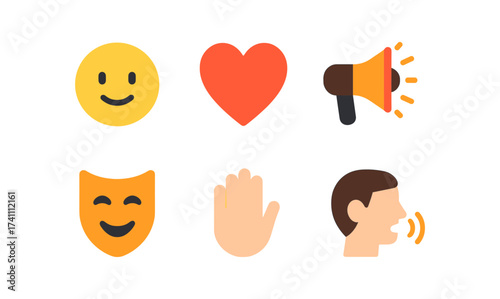 Colorful flat icons: emotion, communication, and social interaction symbols