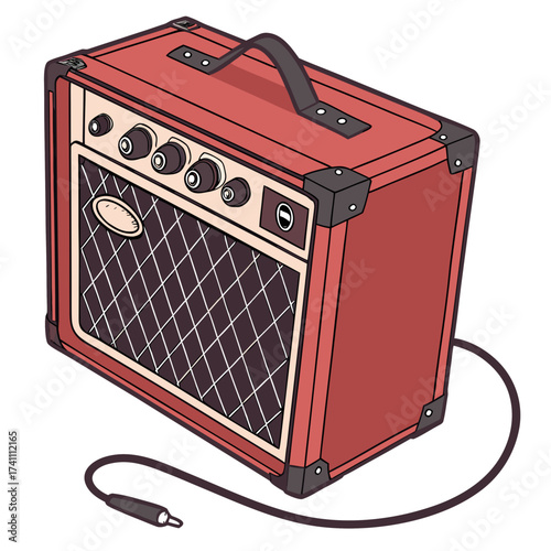 Red guitar amplifier with black speaker grill and cable