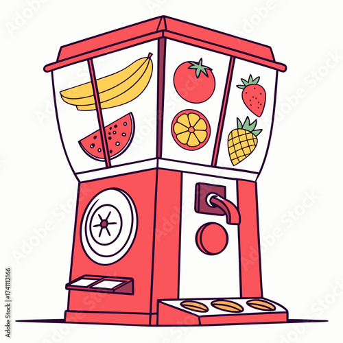Red fruit juice dispenser machine with bananas tomatoes