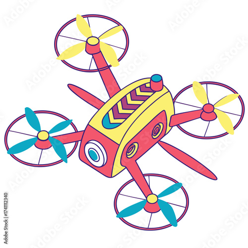 Red yellow blue drone with purple outline quadcopter