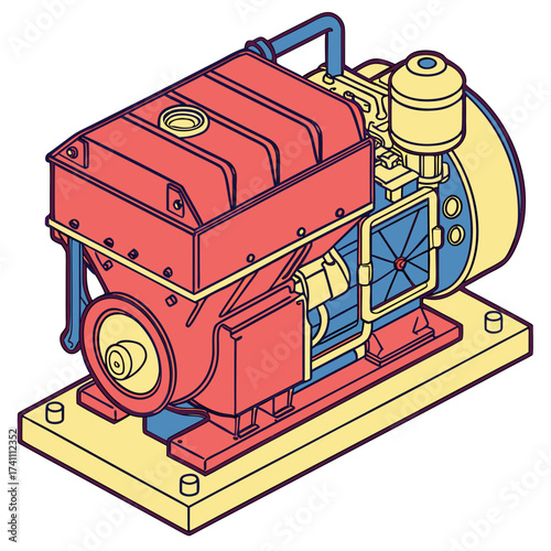 Red Yellow Blue Engine Machine Isometric motor industrial