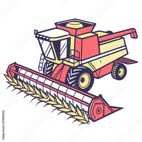 Red yellow combine harvester with wheat stalks agriculture