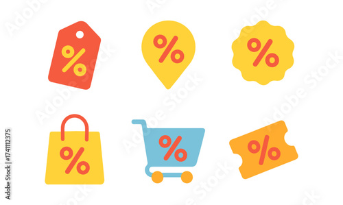Colorful shopping icons set with percent symbol for e-commerce and promotions