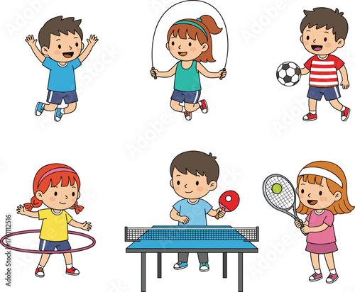 Cartoon children doing sports, active lifestyle illustration, playful kids, fitness fun, physical activity, exercise icons, colorful design, healthy movement