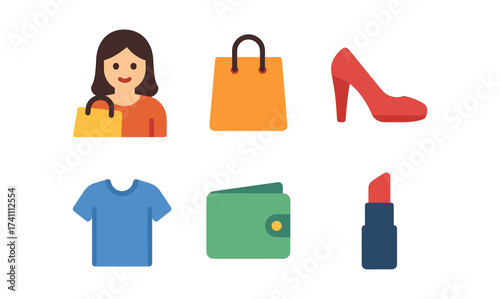 Shopping icons set featuring fashion items in colorful flat style design