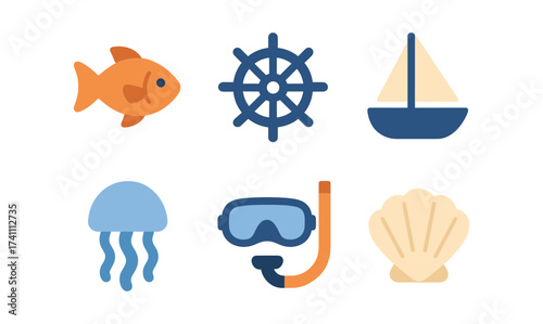 Nautical icons: marine life and sea adventure in flat design