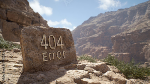 404 Error stone sign in rocky landscape, surrounded by mountains and greenery, evokes sense of confusion and curiosity in natural setting