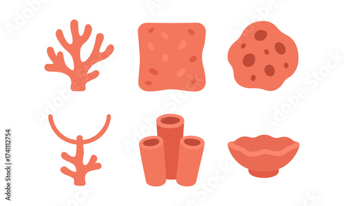 Colorful flat sea coral and sponge icons set