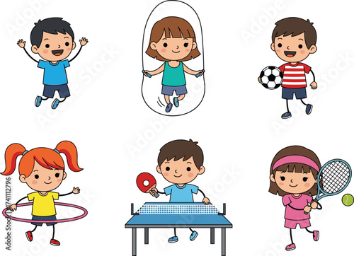 Cartoon children doing sports, physical activity illustration, fitness fun, playful kids, active lifestyle, exercise icons, colorful design, healthy movement