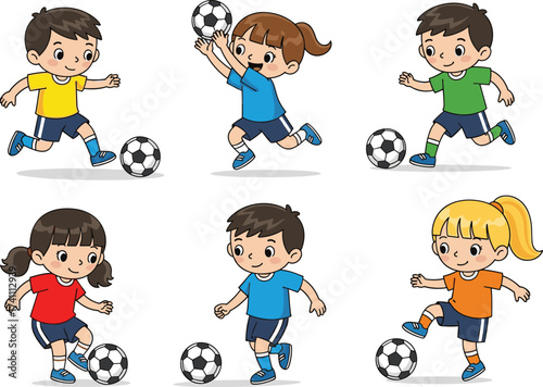 Cartoon children playing soccer, sports activity illustration, kicking ball, teamwork, physical exercise, fun movement, colorful design, active kids, outdoor play