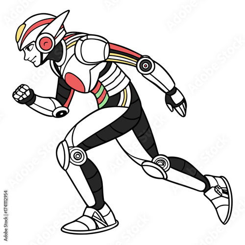 Running humanoid robot with white black red yellow and green accents