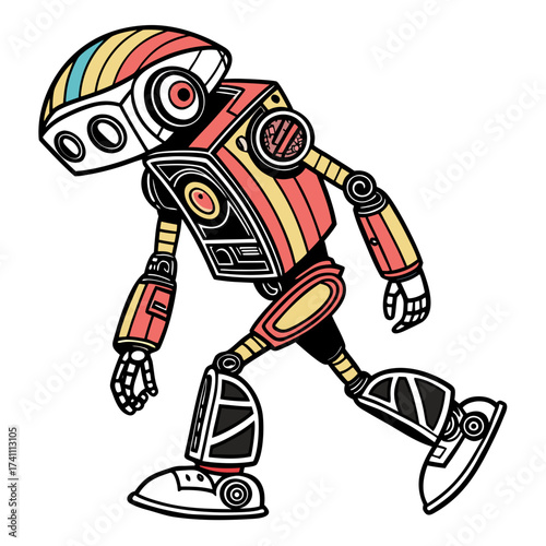Stylized robot with coral yellow and blue stripes android