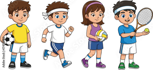 Cartoon children playing sports, soccer, running, volleyball, tennis, active kids, colorful outfits, healthy lifestyle, fun exercise, outdoor activity, teamwork