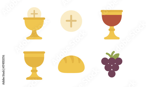 Communion symbols: chalice, bread, grapes, eucharist elements in flat design