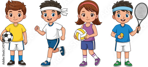 Cartoon children with sports gear, soccer, running, volleyball, tennis, active kids, fitness, colorful outfits, teamwork, healthy lifestyle, playtime
