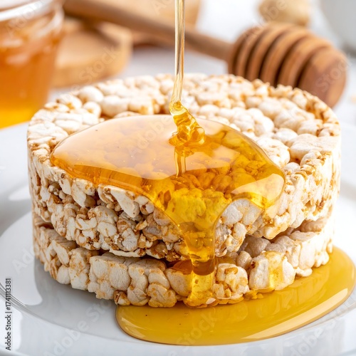 Close-up photo of honey being poured over stacked rice cakes