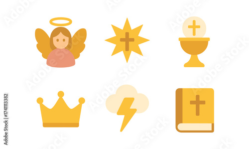 Collection of religious symbols in flat style featuring angel, chalice, and holy book