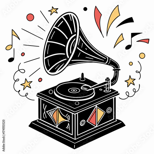 Vintage gramophone playing music with colorful abstract elements