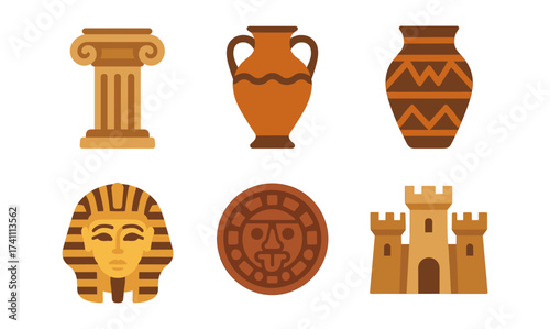 Ancient artifacts and symbols collection featuring egyptian and greek designs