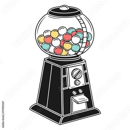 Vintage gumball machine with colorful gumballs retro