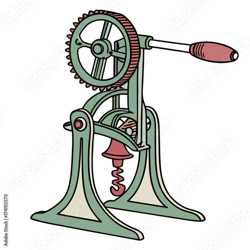 Vintage hand crank meat grinder with red handle kitchen utensil