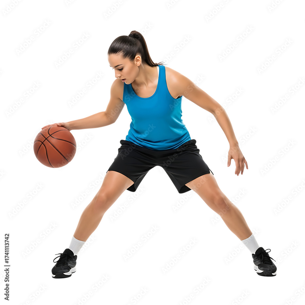 Naklejka premium Woman dribbling a basketball in a blue tank top and black shorts isolated on transparent background