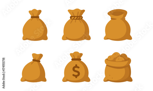 Set of flat burlap sacks with different designs including money bag and potato sack