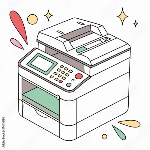 White photocopy machine with colorful buttons and abstract shapes