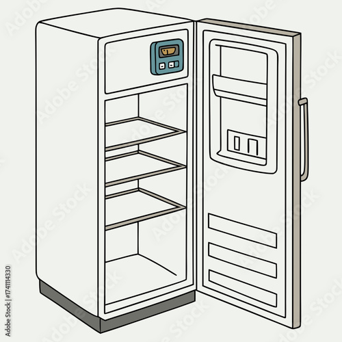 White refrigerator with open door and digital display