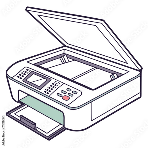 White scanner printer with open lid and paper output