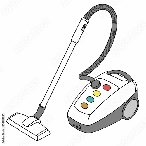 White vacuum cleaner with colorful buttons and grey hose