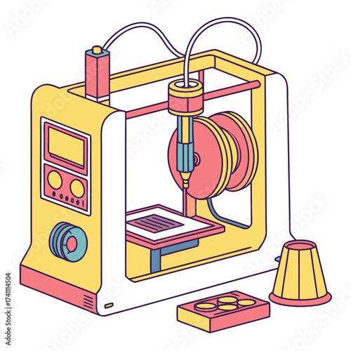 Yellow 3d printer with pink and blue accents additive manufacturing 1