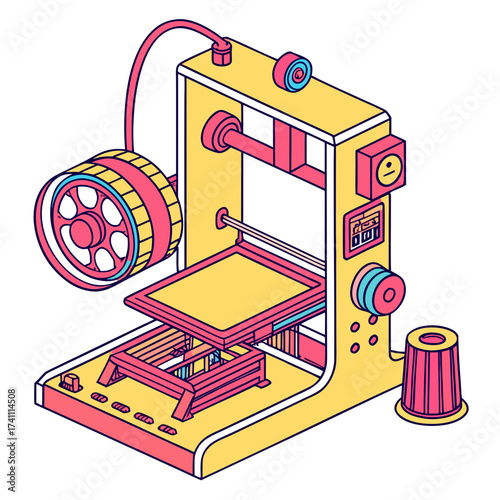 Yellow 3d printer with pink and blue accents additive manufacturing