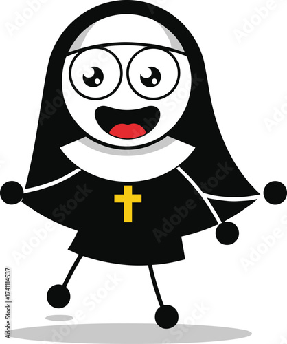 Cartoon nun character, joyful pose, religious attire, black habit, cheerful expression, animated figure, playful illustration, dancing nun, white background