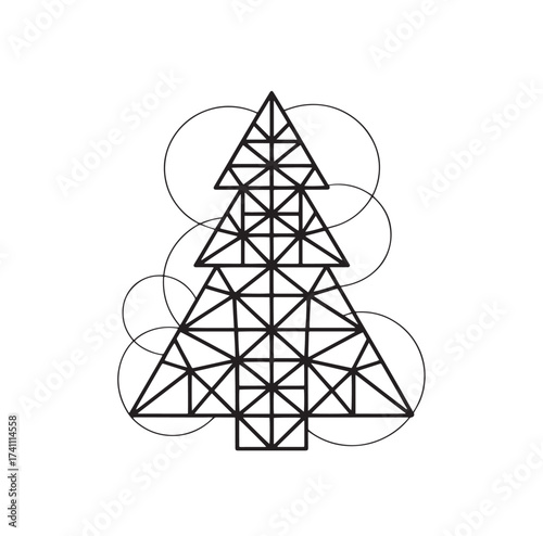Geometric Abstract Christmas Tree Vector with Circles and Triangle Pattern – Minimal Black Line Art