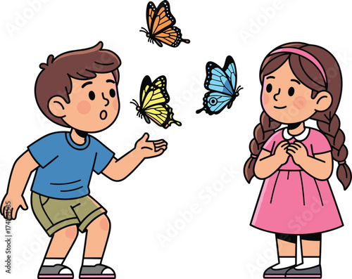 Cartoon kids, butterfly moment, nature wonder, cheerful scene, outdoor play, colorful insects, innocence, joyful expression, whimsical art, childhood curiosity
