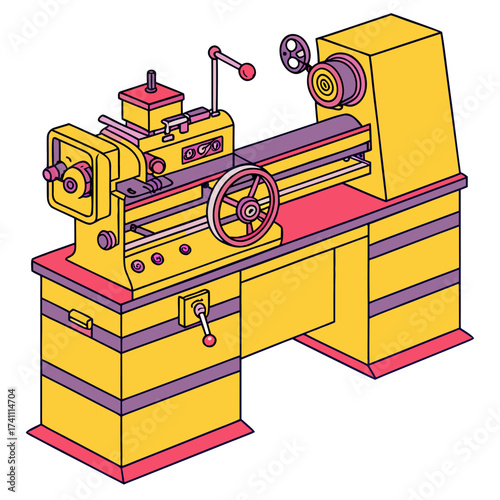 Yellow and pink lathe machine isometric illustration