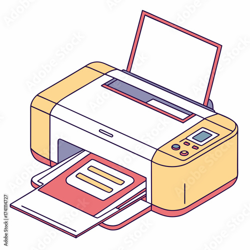 Yellow and pink office printer with paper output technology