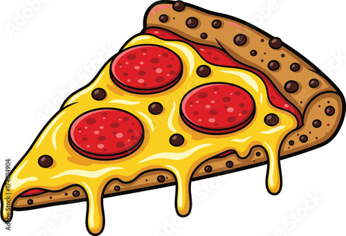 Cartoon pizza slice, melted cheese, pepperoni topping, thick crust, tasty snack, food illustration, gooey texture, appetizing design, fun artwork