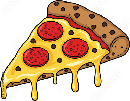 Cartoon pizza slice, melted cheese, pepperoni topping, thick crust, tasty food illustration, snack icon, appetizing design, fun artwork, cheesy bite