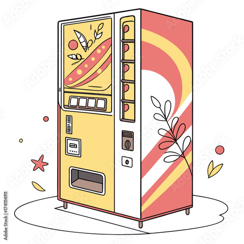Yellow and red vending machine with colorful design
