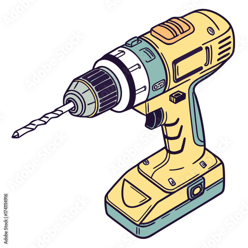 Yellow and teal cordless drill with drill bit drilling machine