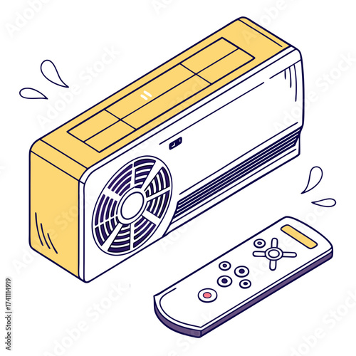 Yellow and white air conditioner unit with remote control