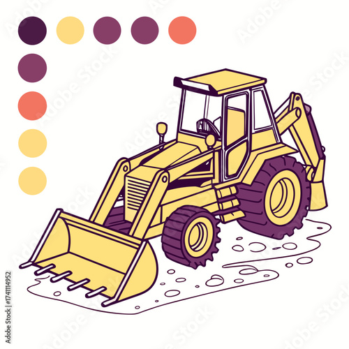 Yellow backhoe loader with purple accents on white