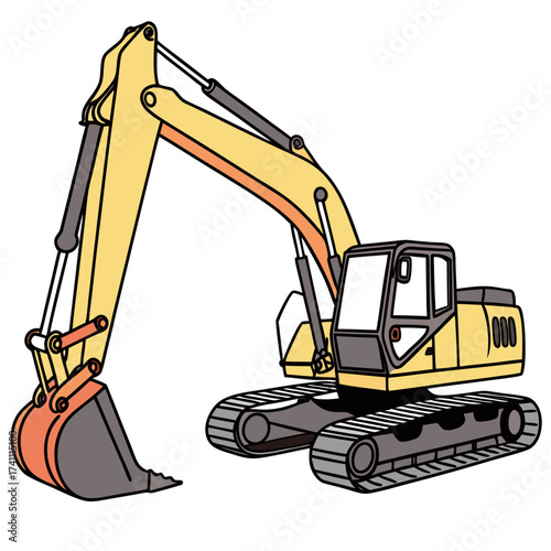 Yellow excavator machine with orange bucket and grey tracks