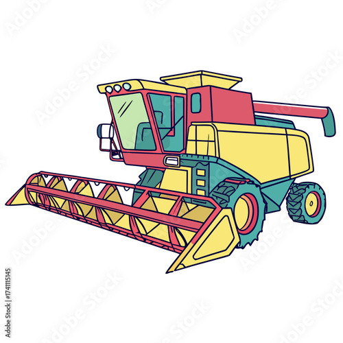 Yellow red and teal combine harvester illustration