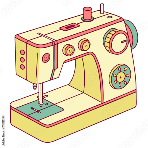 Yellow sewing machine with pink and teal accents needle